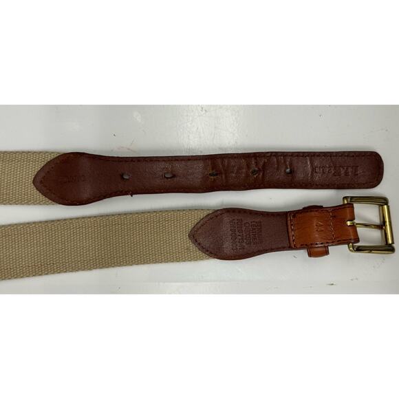 LL Bean Brown Leather Khaki Canvas Fish Embossed Belt Canada Size 44 - Picture 5 of 8